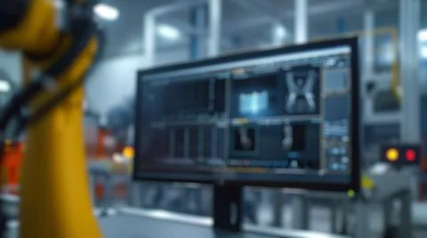 Blur background of smart machine arm working by using technology. Spate. Stock Photos