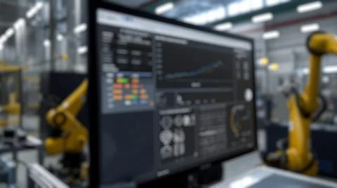 Blur background of smart machine arm working by using technology. Spate. Stock Photos