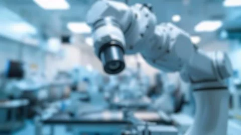 Blur background of smart machine arm working by using technology. Spate. Stock Photos