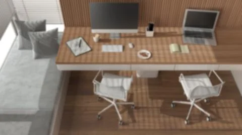 Blur background, smart working, corner office, desk with chairs, computers an Stock Illustration