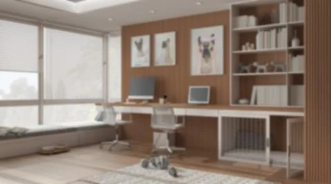 Blur background, smart working, pet friendly corner office, work from home. D Ilustración de archivo