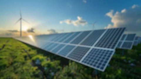 Blur background of solar station panel in the field. Electrical energy. Spate. Foto stock