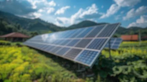 Blur background of solar station panel in the field. Electrical energy. Spate. Foto stock