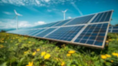 Blur background of solar station panel in the field. Electrical energy. Spate. Foto stock