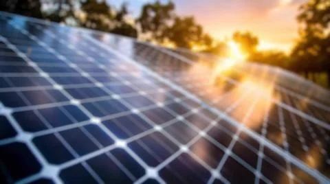 Blur background of solar station panel in the field. Electrical energy. Spate. Foto stock
