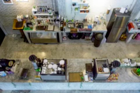 Blur background top view of coffee bar restaurant, Top view of modern kitchen Stock Photos