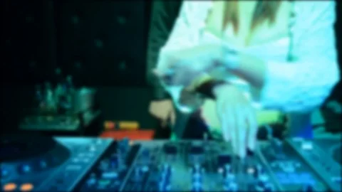 Blur Close-Up of Dj Mixer Controller Desk in Night Club Disco Party. DJ Hands to Stock Footage 123341049