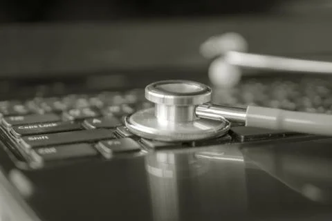 Blur Close up of stethoscope on computer keyboard. Health concept Foto stock