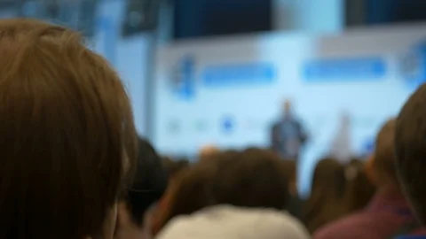 Blur conference hall with speaker presentation public information for students Stock Footage 88591982
