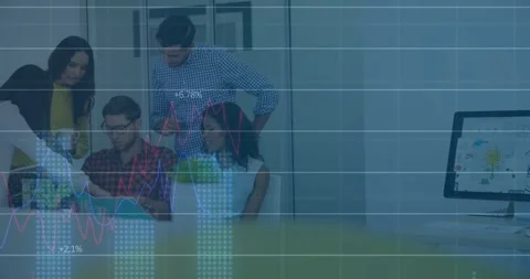 Blur fading as grid appears, team reviewing tablet and analyzing finance data, Stock Footage 334036730