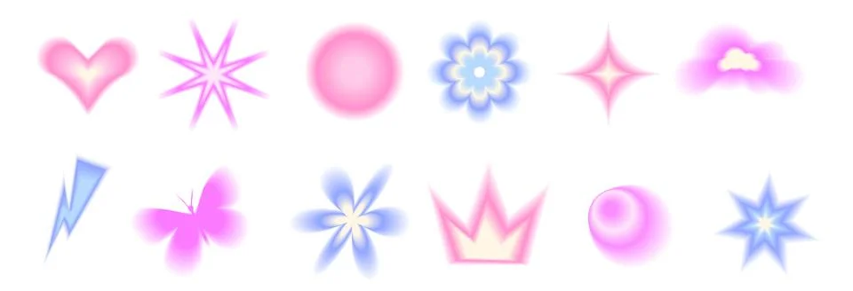 Blur gradient geometric shape set. Y2k retro heart, star and circle with flower. 스톡 일러스트