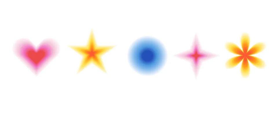 Blur gradient geometric shape set. Y2k retro heart, star and circle with flower Stock Illustration