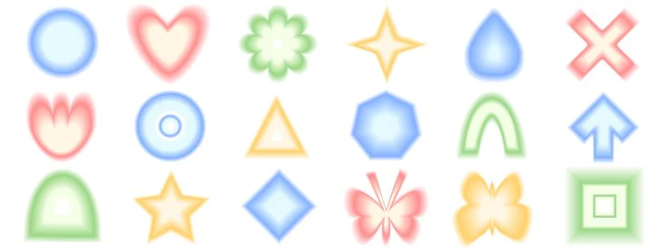 Blur gradient geometric shape set. Y2k retro heart, drop and circle with flower Stock Illustration