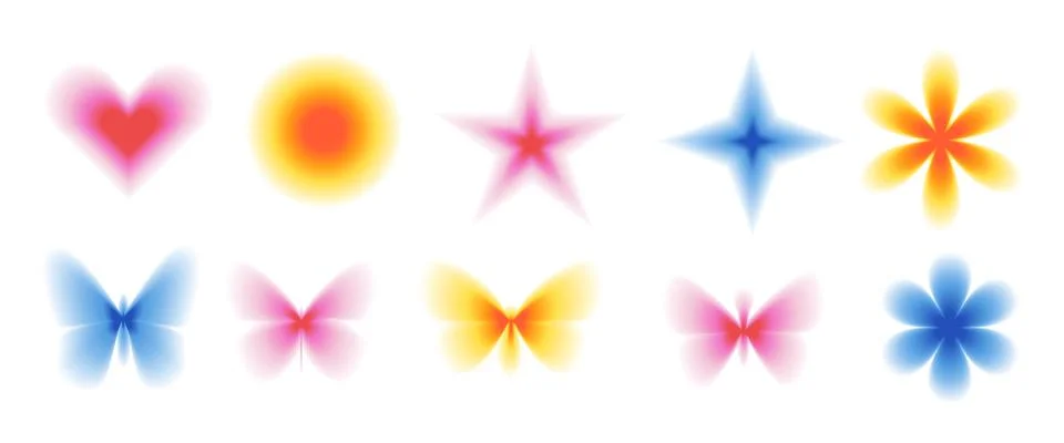 Blur gradient geometric shape set. Y2k retro heart, star and circle with flow 스톡 일러스트