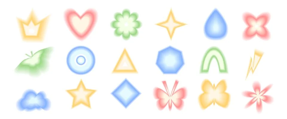Blur gradient geometric shape set. Y2k retro heart, drop and circle with flower Stock Illustration