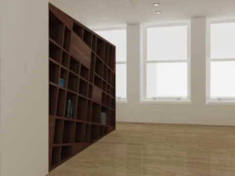 Blur interior design concept idea, modern minimalist wooden bookshelf with ge Stock Illustration