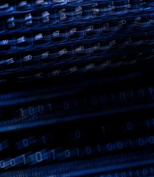 Blur motion computer keyboard with pattern of binary computer numbers 写真素材