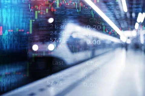 Blur speed high technology underground train with index of stock market busin Stock Photos