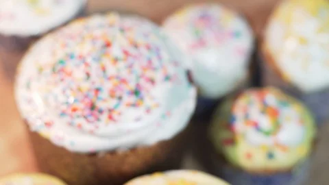 From the blur there are beautiful Easter cakes, the view from above. Sweet Видео 128759021