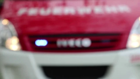 Blured  flashing blue lights on a fire truck. Cal 122. Austria. Fire truck. Stock Footage 75156649