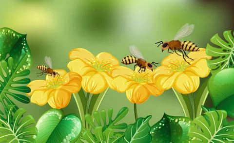 Blured nature background with many bees Illustrazione stock