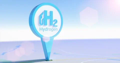 Blurred 3d rendering of a map and H2 Hydrogen sign on it as a pointer Illustrazione stock