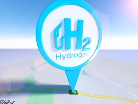 Blurred 3d rendering of a map and H2 Hydrogen sign on it as a pointer 스톡 일러스트