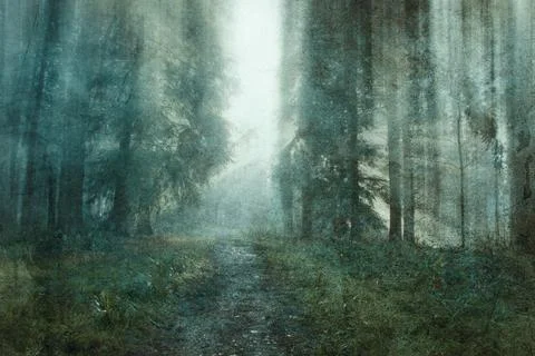 A blurred abstract edit of a beautiful forest on an atmospheric misty day イラスト素材