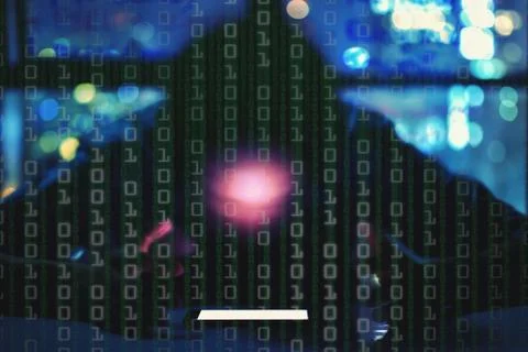 Blurred anonymous man face looking directly at an mock up white screen mobile Stock Illustration