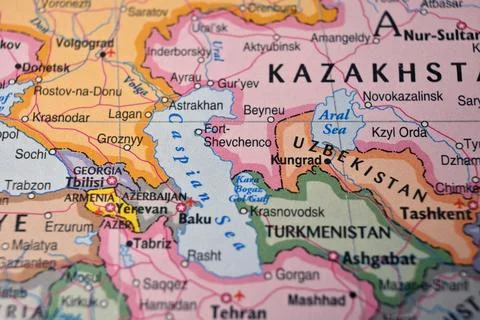 Blurred Atlas Map Background Featuring Aktau Location for Global Travel and.. Stock Photos
