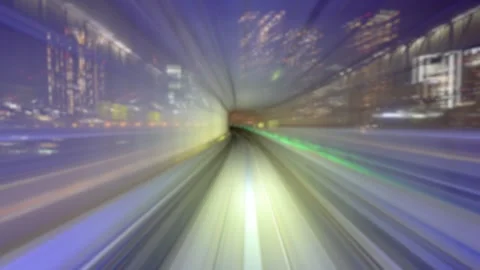 Blurred Autonomous Train Driving in Tokyo, Japan at Night With Lights Time Lapse Stock Footage 269155860