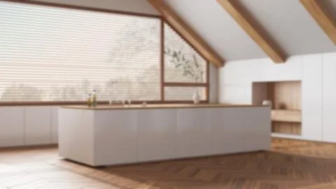 Blurred background, attic interior design, minimal wooden kitchen with slop.. Stock Illustration