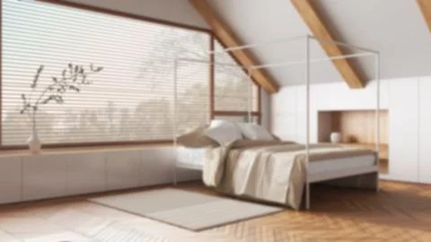 Blurred background, attic interior design, minimal wooden bedroom with cano.. Stock Illustration