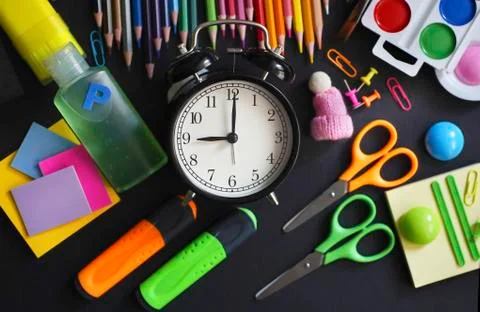 Blurred background of Back To School. Top View Flat Lay, vertical Stock Photos