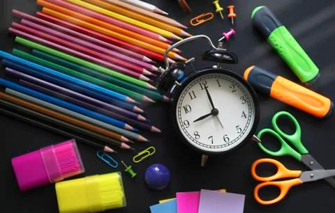 Blurred background of Back To School. Top View Flat Lay, vertical Stock Photos