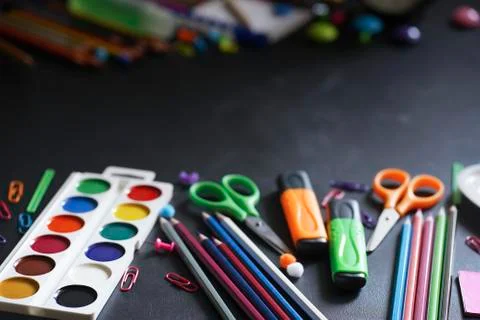 Blurred background of Back To School. Top View Flat Lay, Stock Photos