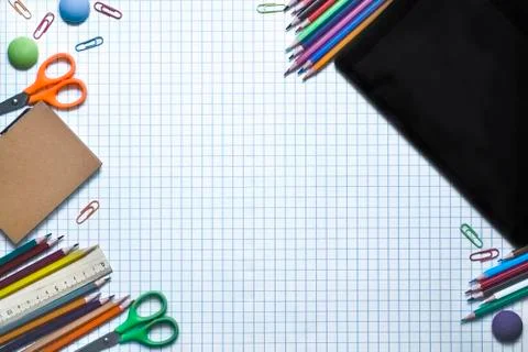 Blurred background of Back To School. Top View Flat Lay, Foto stock