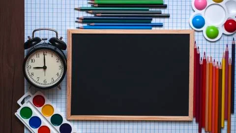 Blurred background of Back To School. Top View Flat Lay, Stock-Fotos
