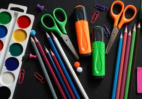Blurred background of Back To School. Top View Flat Lay, Stock Photos