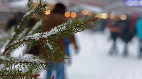 Blurred background defocused silhouets of people at the Christmas fair Stock Footage 73780386