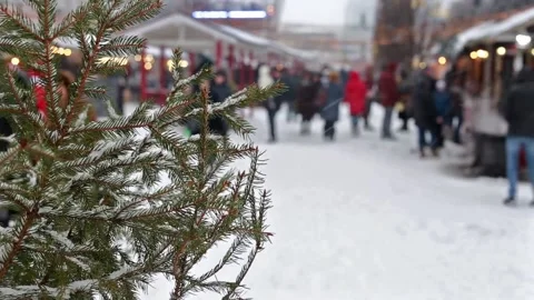 Blurred background defocused silhouets of people at the Christmas fair Stock Footage 119847237