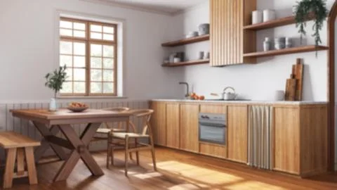 Blurred background, farmhouse bleached wooden kitchen and dining room. Cabi.. Illustrazione stock