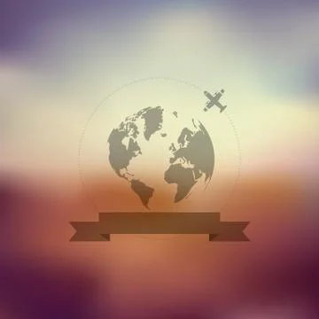 Blurred background with globe badge and ribbon element. Vintage style gradient Illustrazione stock