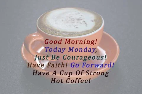 Blurred background image of a cup of coffee with text. Coffee concept Stock Photos