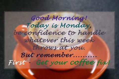Blurred background image of a cup of coffee with text. Coffee concept Stock Photos
