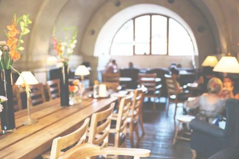 Blurred background with interior of cafeteria. Stock Photos