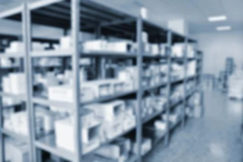 Blurred background. Interior of a pharmacy with goods and showcases. Medicine Foto stock