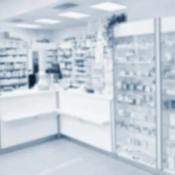 Blurred background. Interior of a pharmacy with goods and showcases. Medicine Foto stock