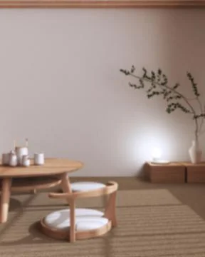 Blurred background, japandi Tea ceremony room, japanese style. Table and chai Stock Illustration