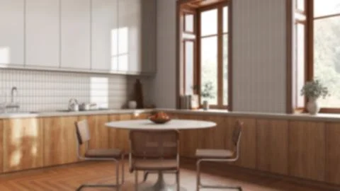 Blurred background, japandi trendy kitchen and dining room. Wooden cabinets.. Illustrazione stock